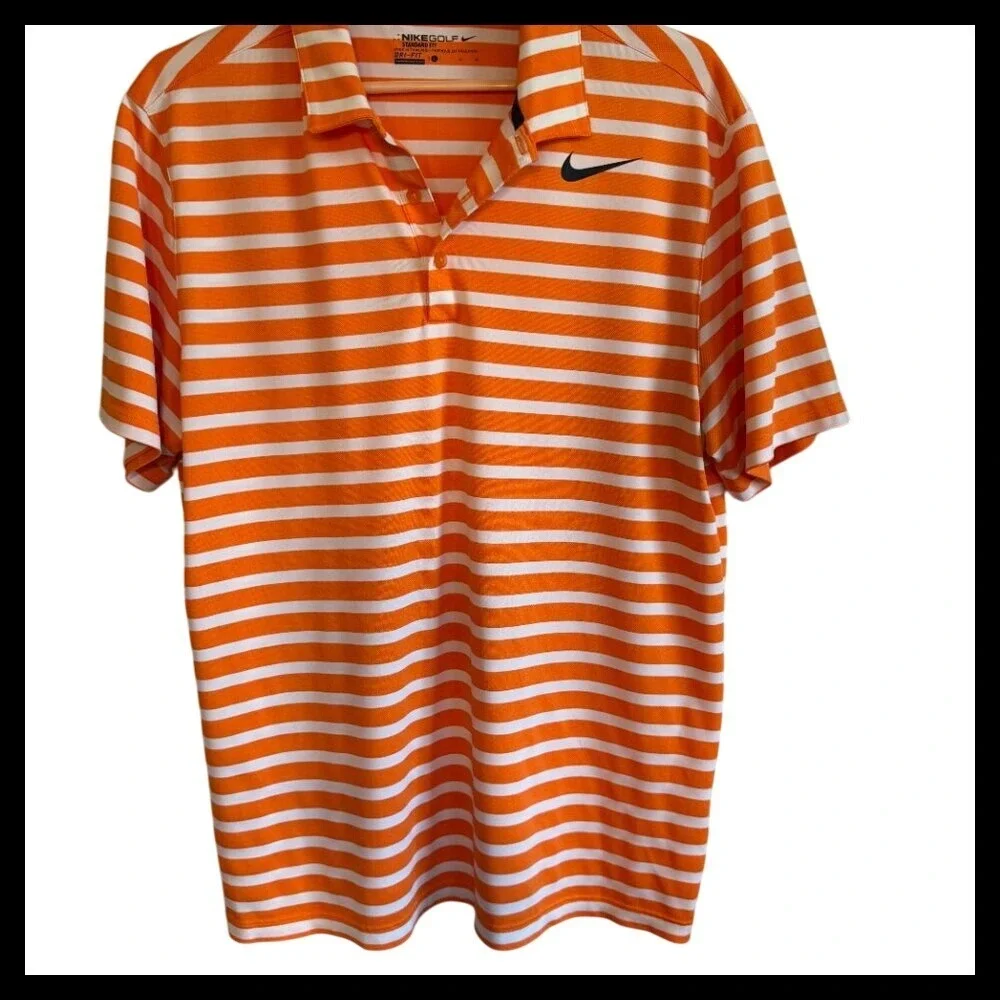 Nike Golf Dri-FIT Polo Shirt Mens Large Orange White Striped Standard Fit